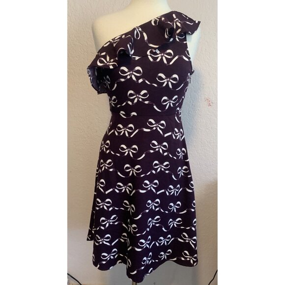 Banana Republic Size 2P Burgundy Wine/White Bows One Shoulder Fit & Flare - Picture 1 of 6